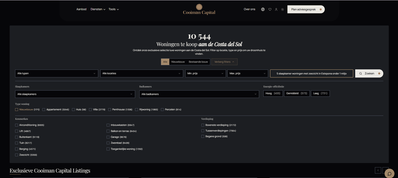 Interface van het vastgoedzoekplatform van Cooiman Capital